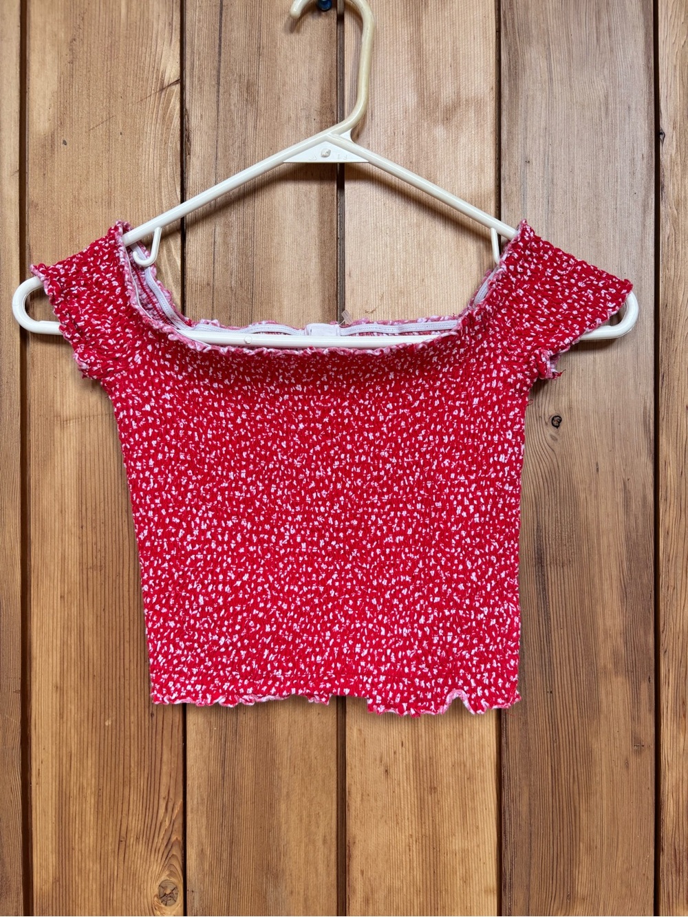 Garage Red Smocked Off-Shoulder Crop Top with White Speckle